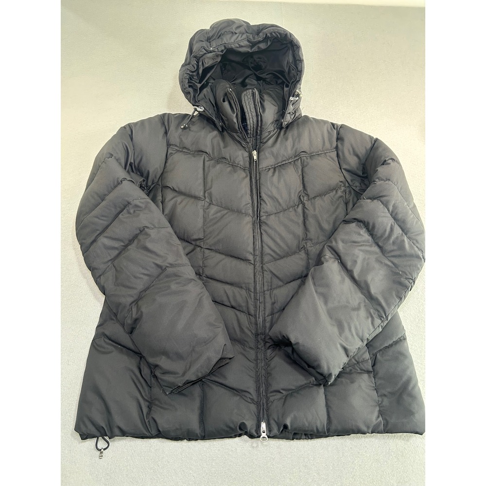 Lands' End Puffer Jacket Womens L Black Down Insulated Hooded Quilted Coat Heavy
